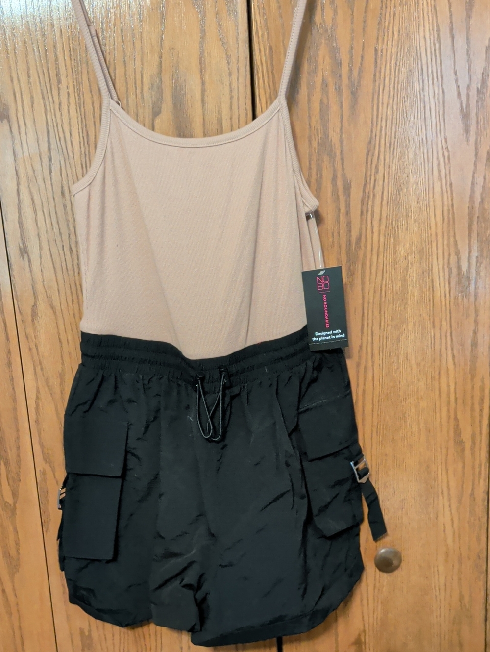 No Boundaries Two-Tone Spaghetti Strap Romper in Black and Tan